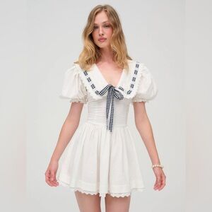 For Love & Lemons White Mini Dress with Navy Gingham Bow